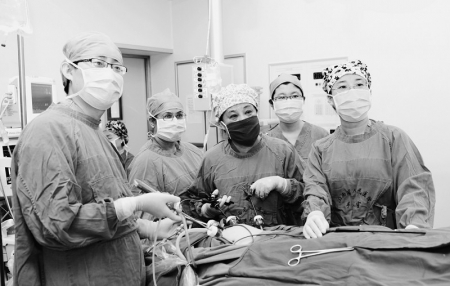 <br>          刘萍(右三)与医护人员为患者做腔镜手术 本版图片均由受访者提供<br><br>        