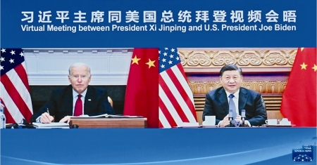 <br>              11月16日上午，国家主席习近平在北京同美国总统拜登举行视频会晤。 新华社记者 岳月伟 摄<br><br>        
