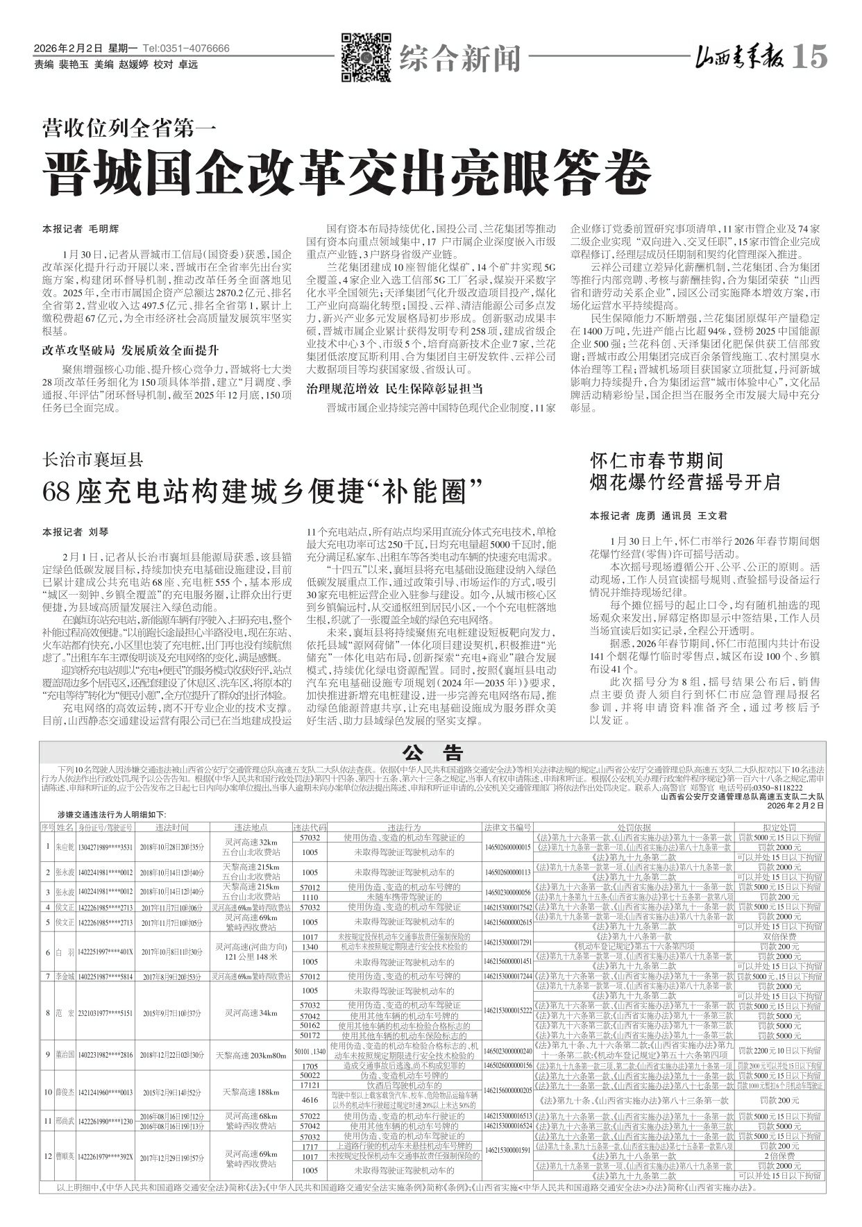 山西青年报2026年02月02日头版